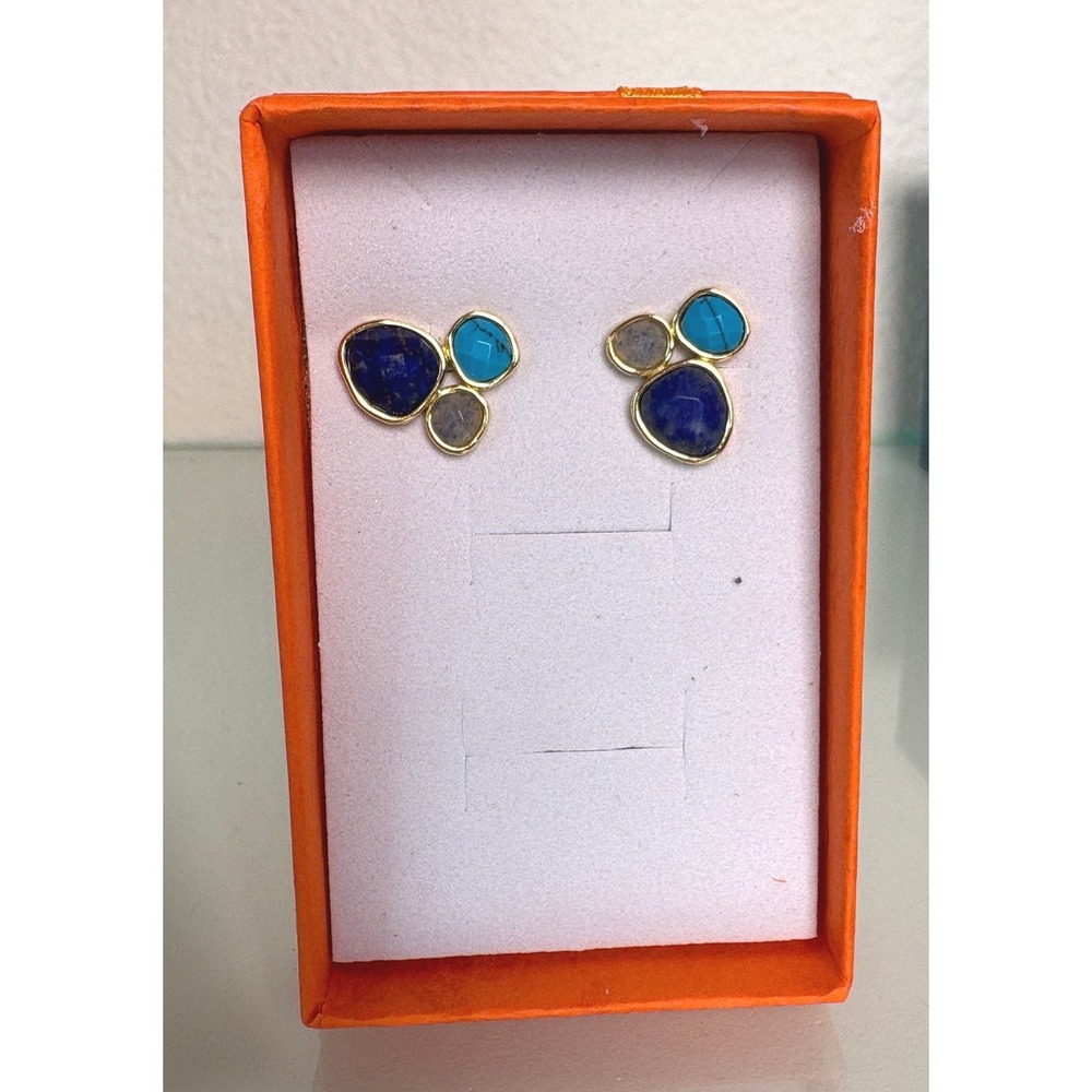 Gold Tone Lapis, Turquoise & Druzy Cluster Stud Earrings